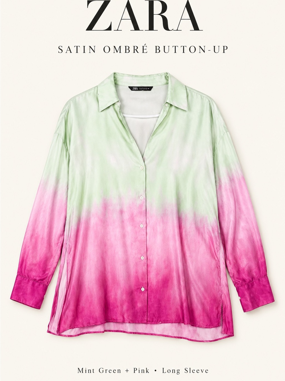 ZARA Pink to Mint Green Satin Ombre Button-Down Shirt